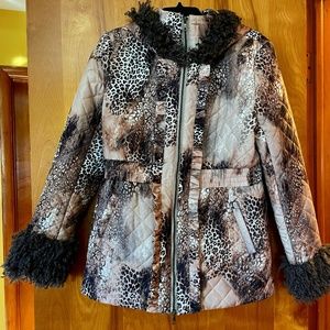 New Boston Proper Animal Print w/ Faux Shearling Fur Hooded Coat Size 10